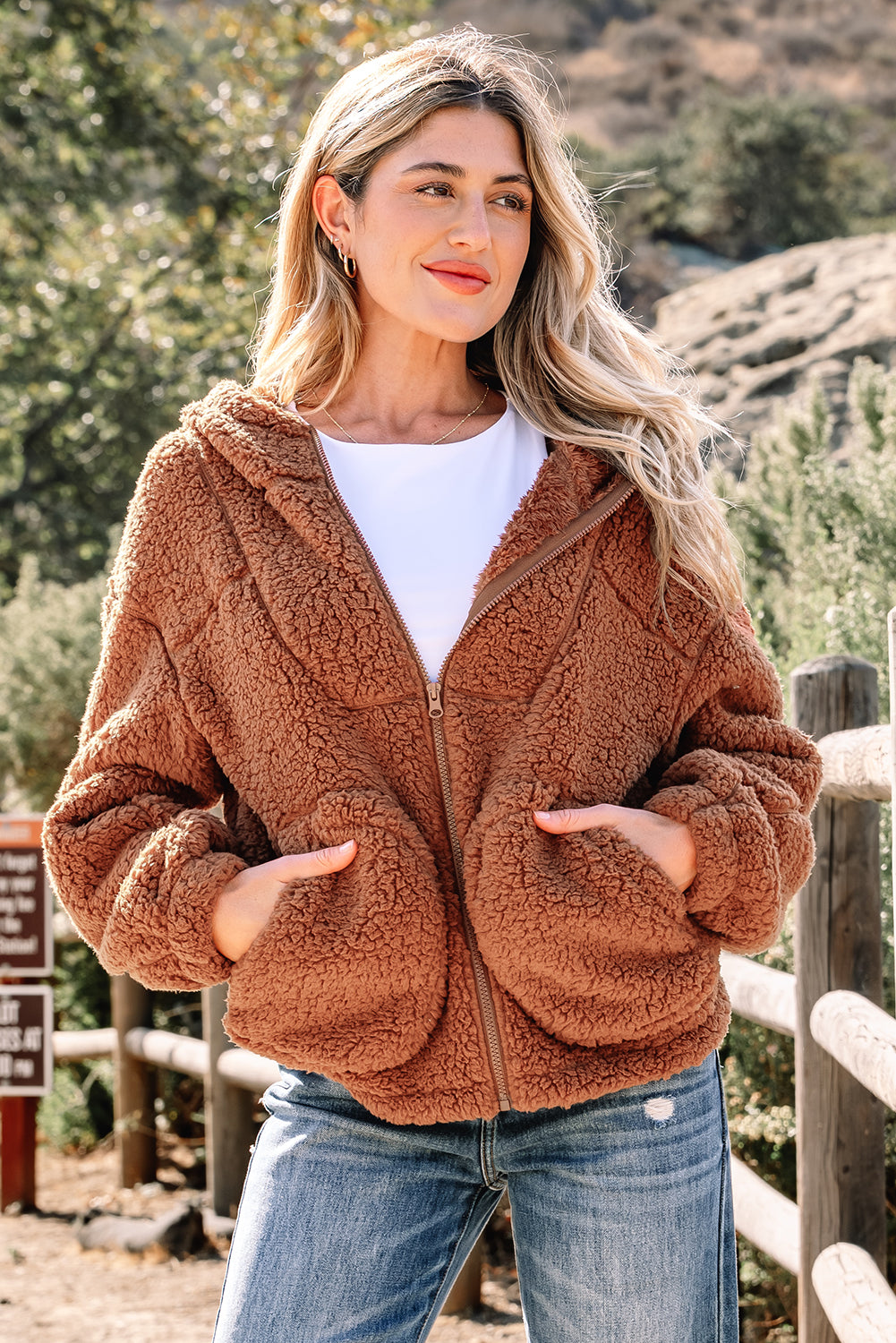 Straw Yellow Sherpa Zip-Up Hooded Jacket