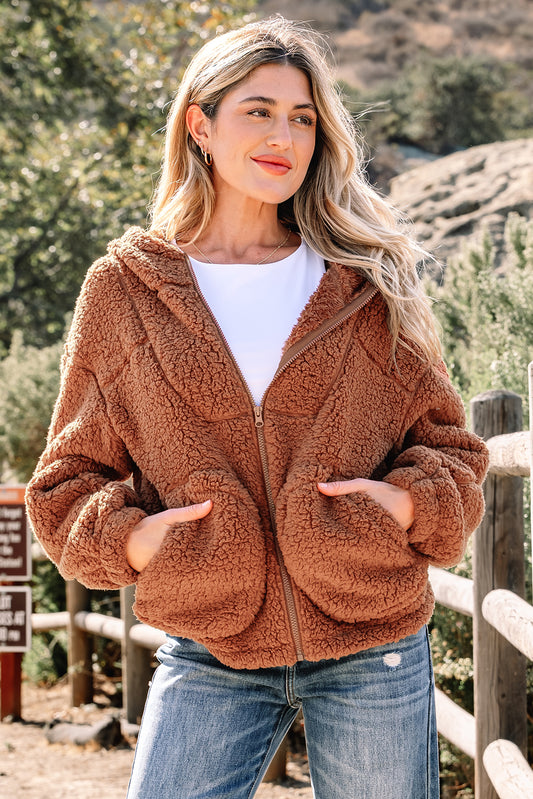 Straw Yellow Sherpa Zip-Up Hooded Jacket