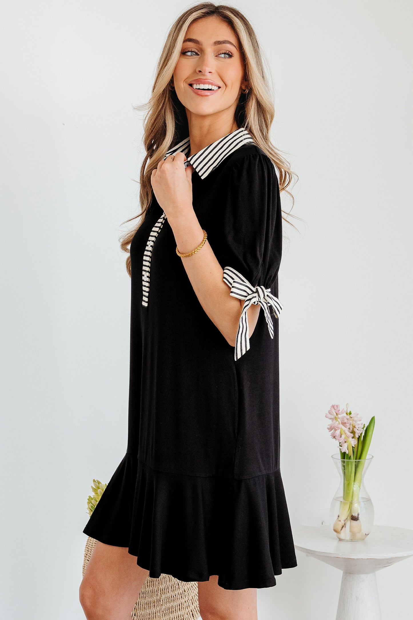 Black Stripe-Trim Polo Mini Dress