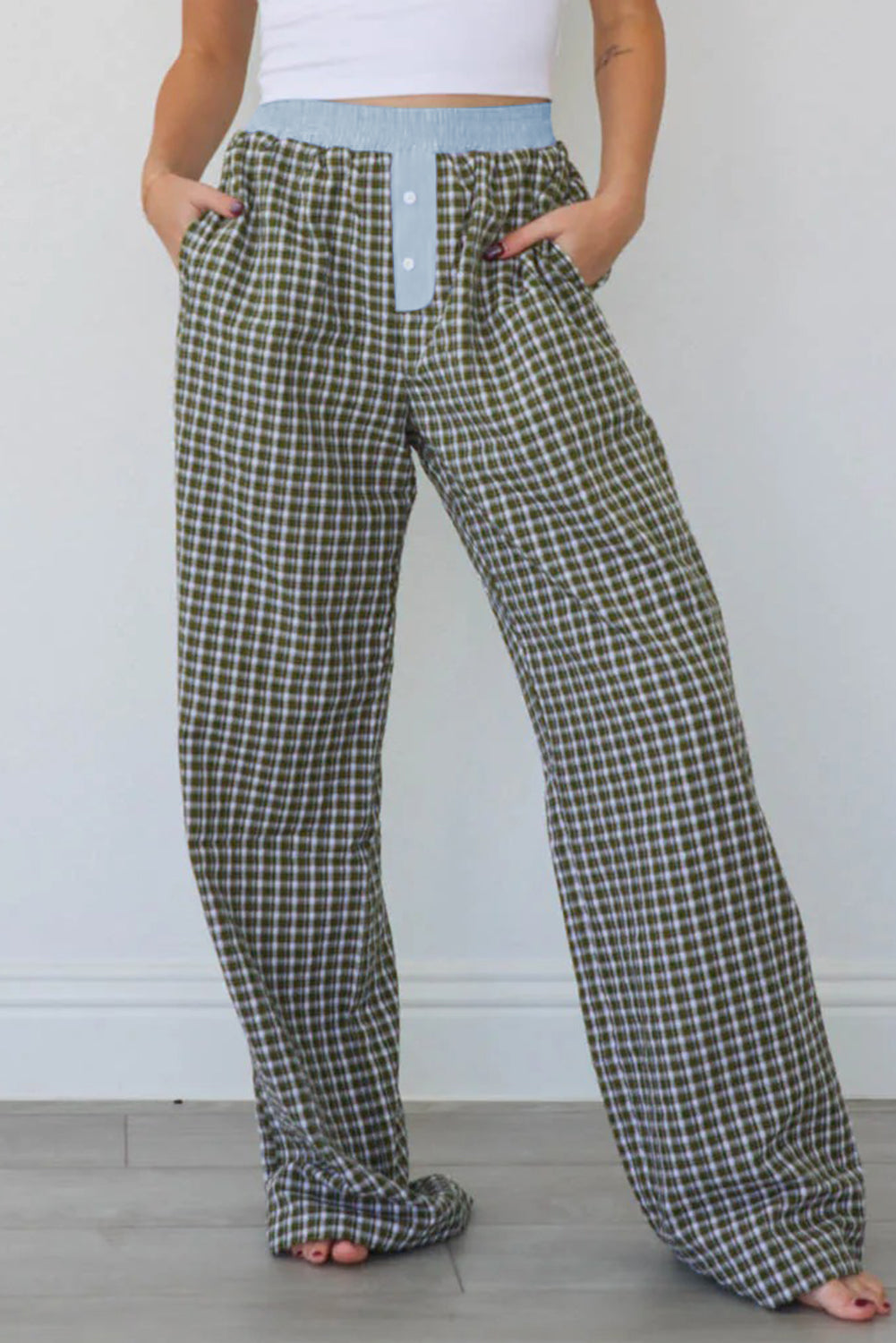 Brown Gingham Wide-Leg Boxer Pants