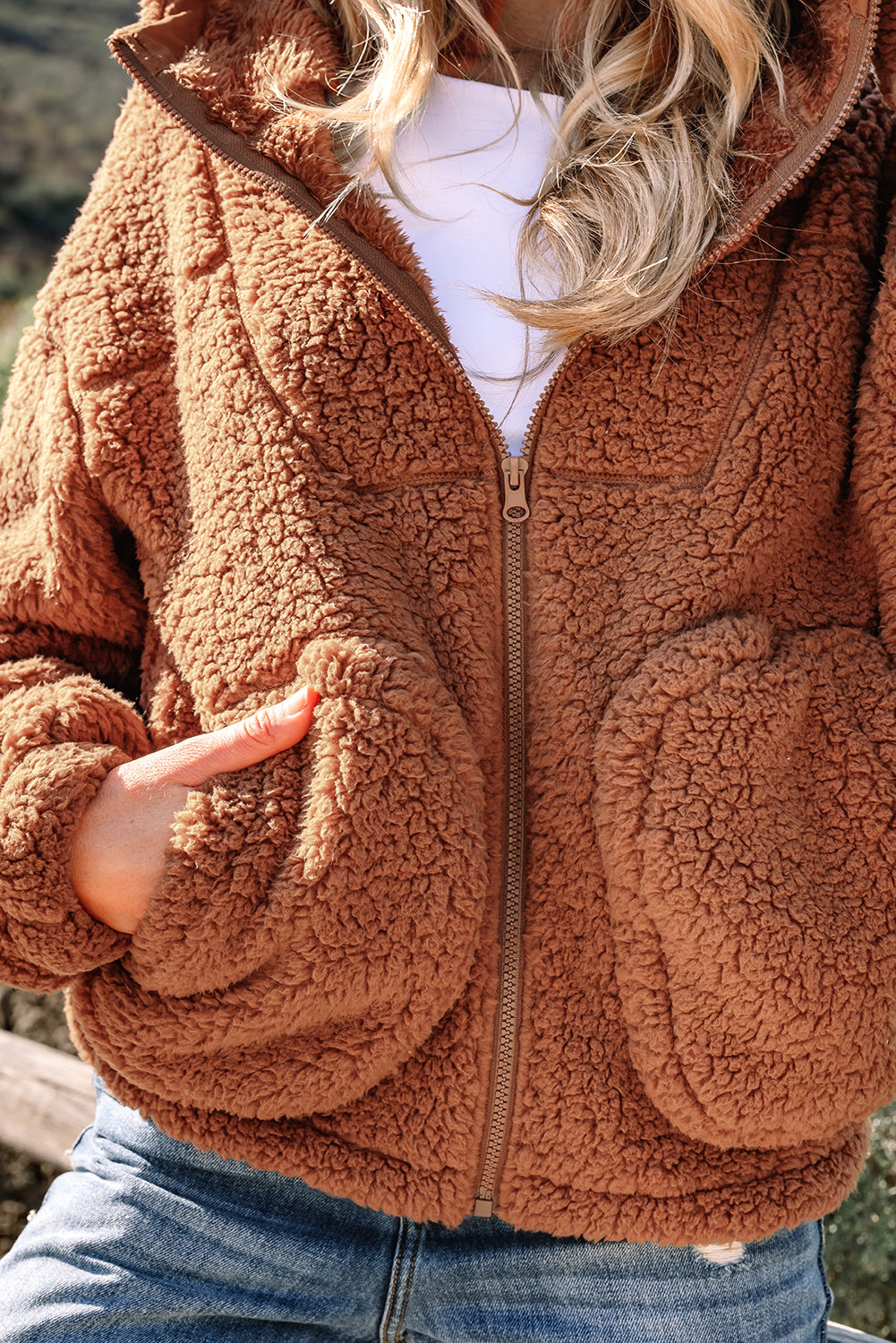 Straw Yellow Sherpa Zip-Up Hooded Jacket