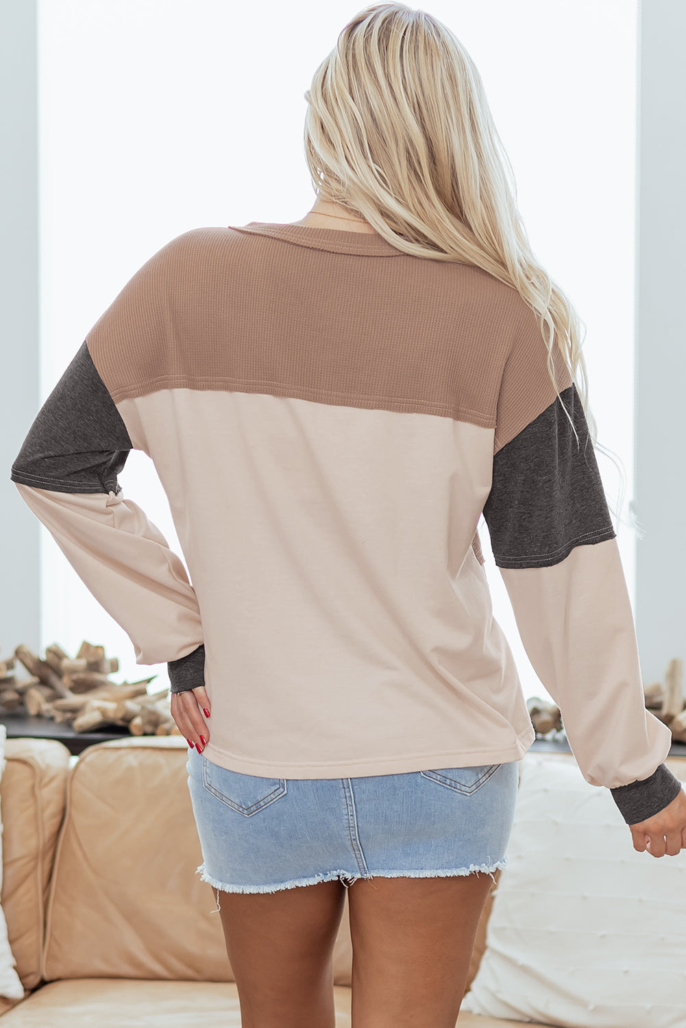 Jet Stream Color-Block Waffle-Knit Henley Top