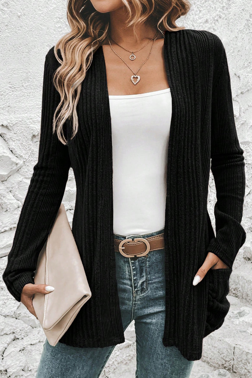 Stone Blue Ribbed Open-Front Cardigan