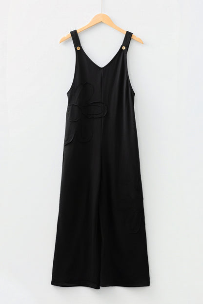 Black Floral-Appliqué Wide-Leg Jumpsuit