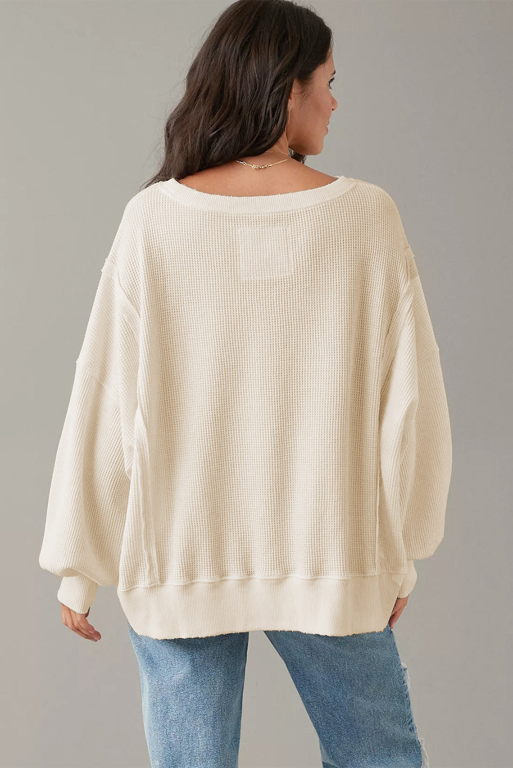 Gray Waffle-Knit Bishop-Sleeve Oversized Top