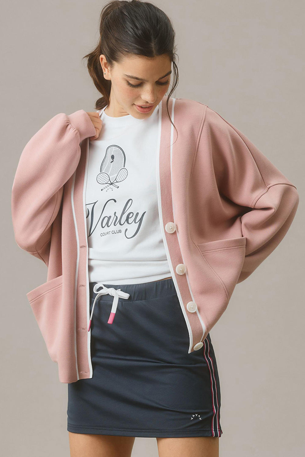 Pink Contrast-Trim Button-Front Knit Cardigan