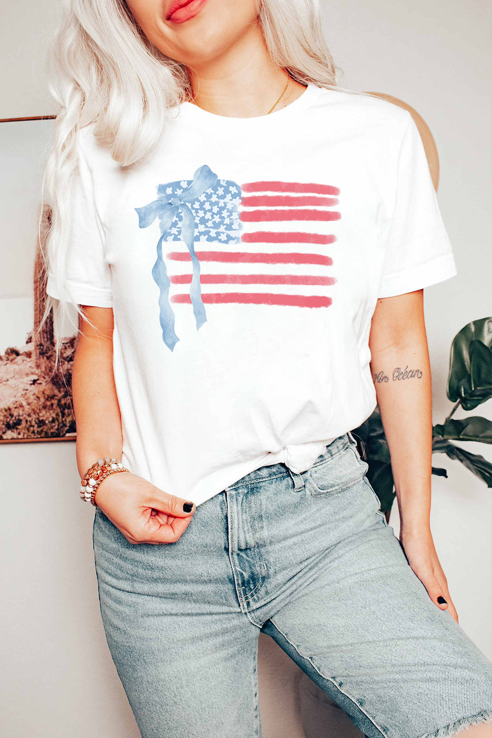 White American Flag Bow Graphic T-Shirt