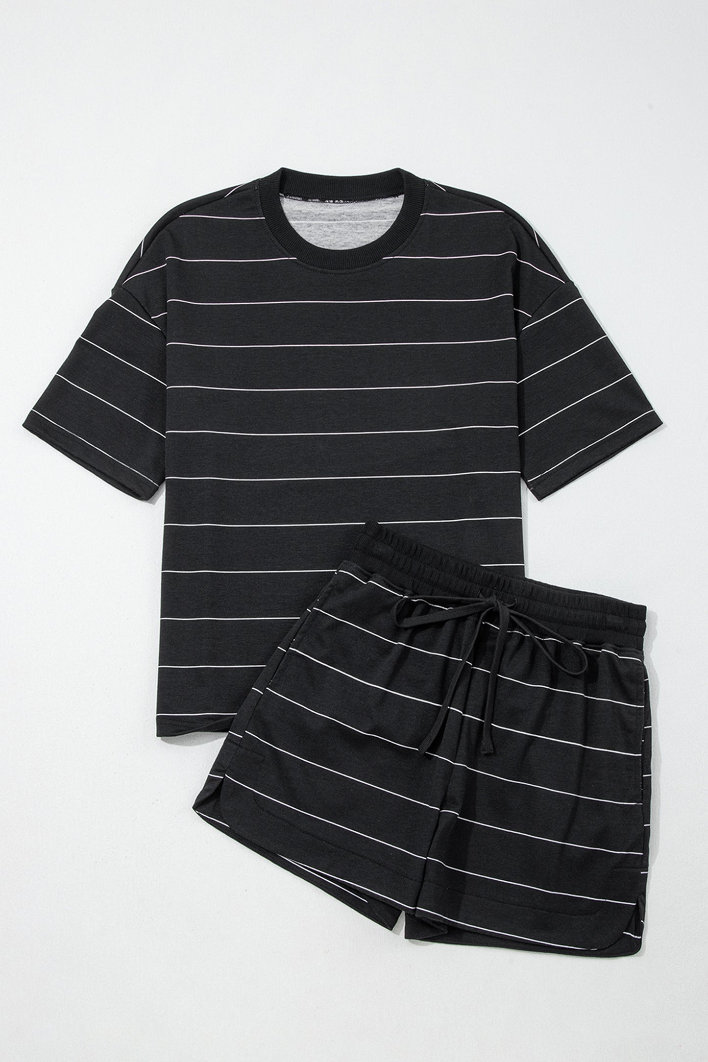 White Stripe Half-Sleeve Tee Drawstring Shorts Two-Piece Set
