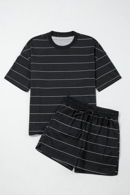 White Stripe Half-Sleeve Tee Drawstring Shorts Two-Piece Set