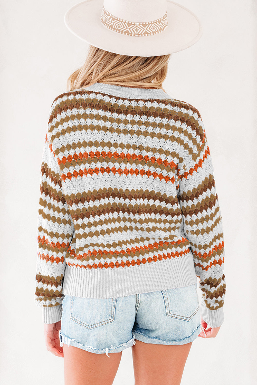 Brown Multicolor Striped Eyelet Sweater