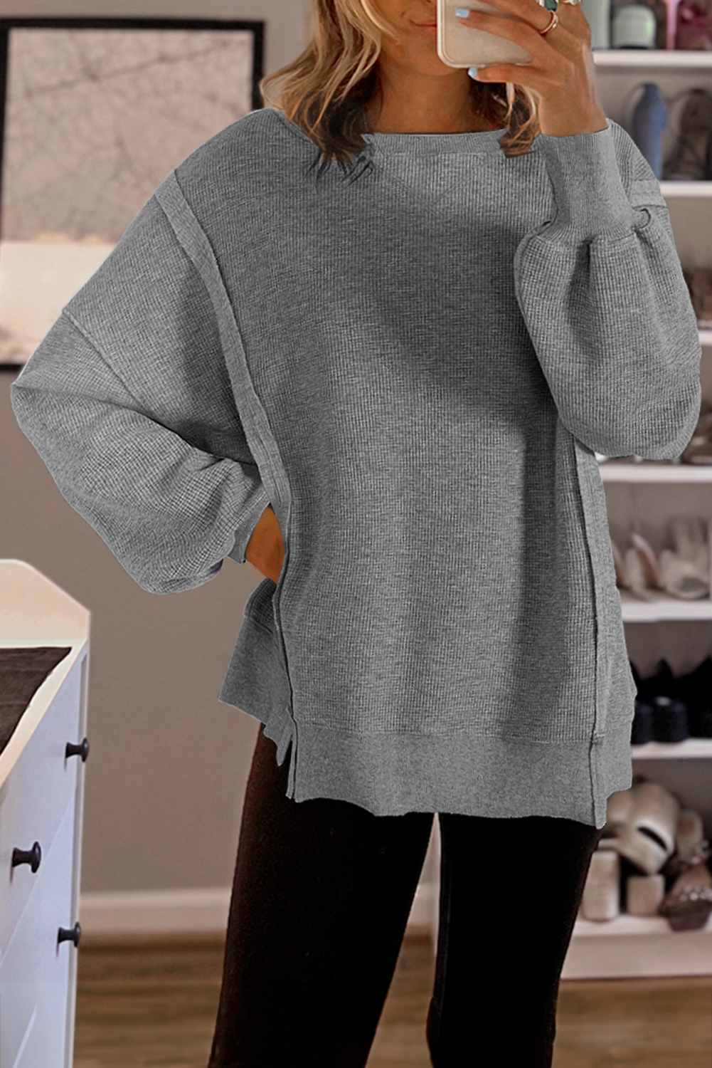 Gray Waffle-Knit Bishop-Sleeve Oversized Top