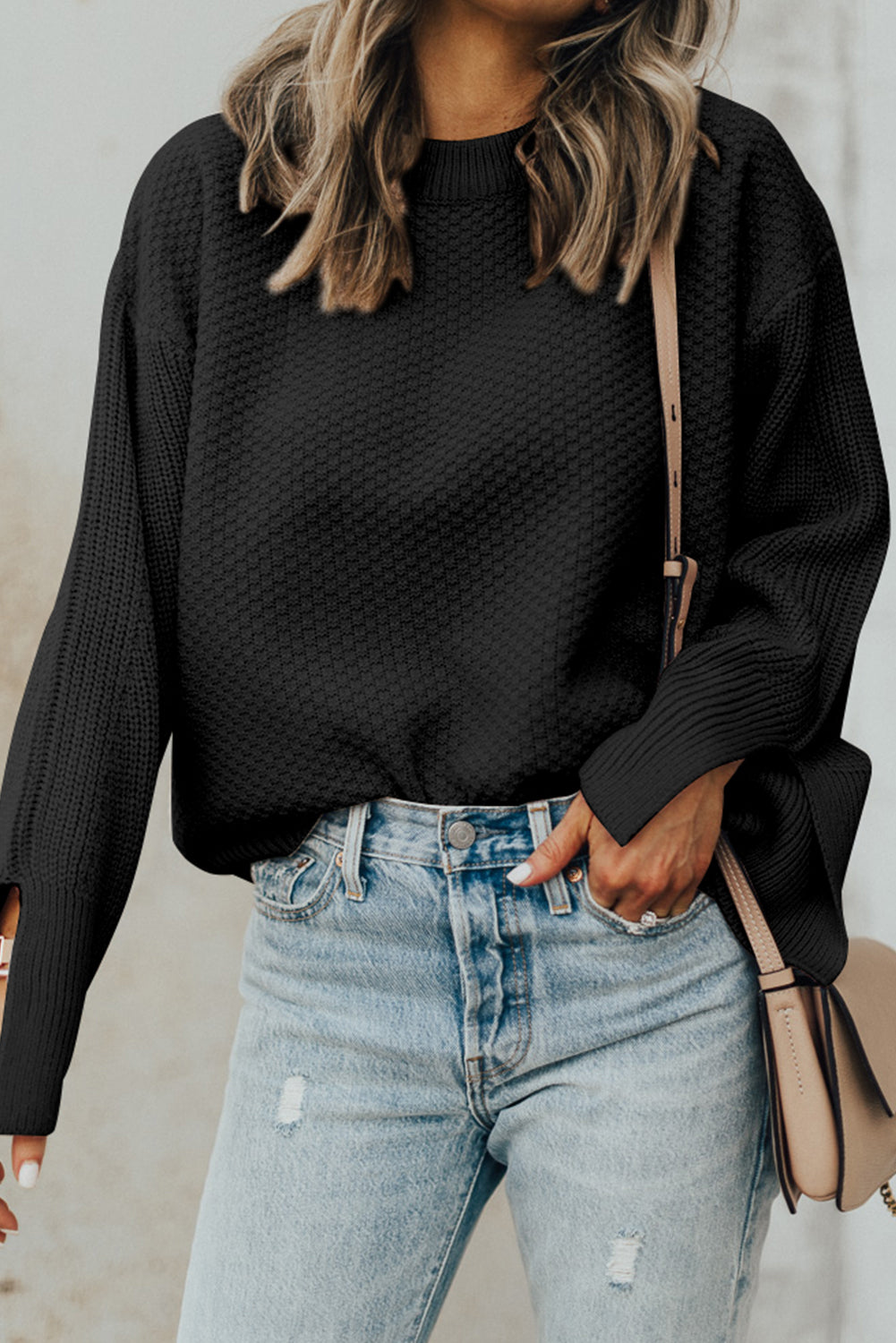 Parchment Split-Cuff Textured Knit Sweater