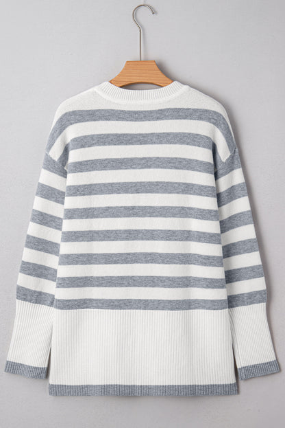 Gray Striped Button-Detail Tunic Sweater