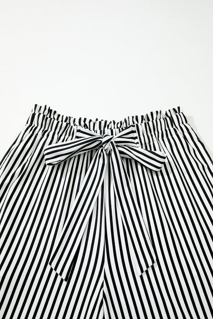Black Stripe Tied High-Waist Loose Straight Casual Pants