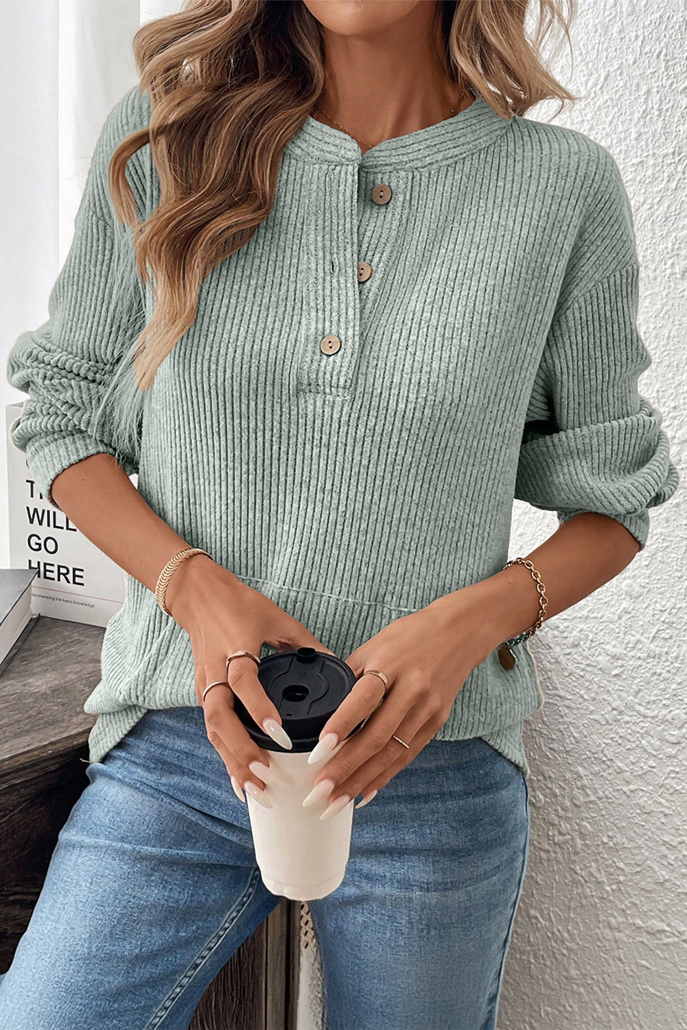 Clearly Aqua Ribbed Henley Knit Top