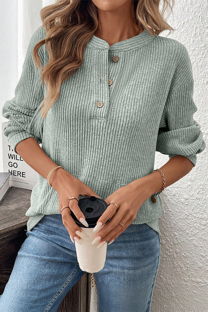 Clearly Aqua Ribbed Henley Knit Top