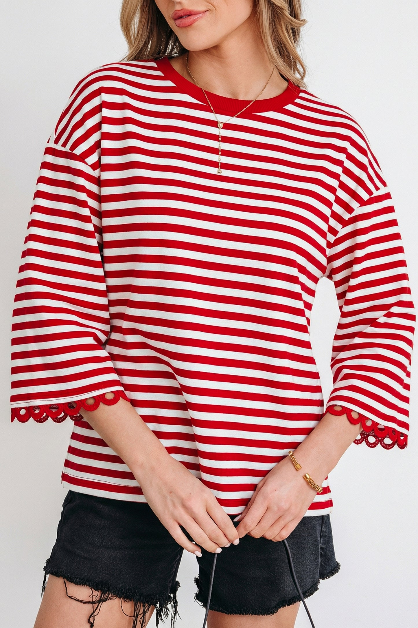 Racing Red Striped Lace-Trim Top