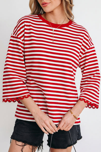 Racing Red Striped Lace-Trim Top