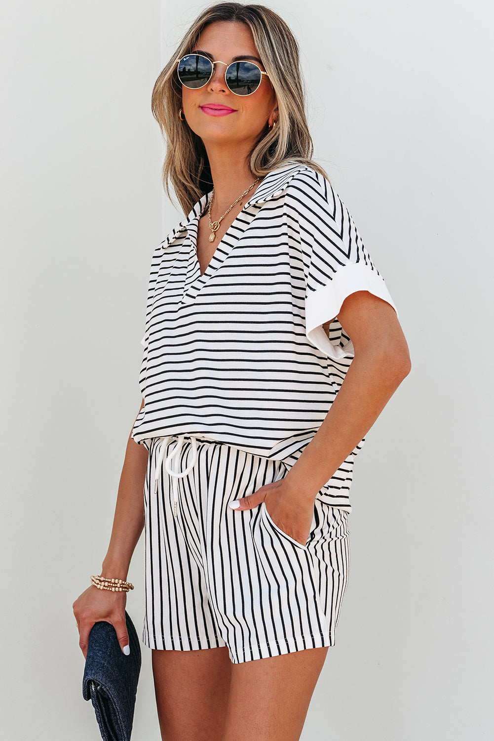 Black Stripe V-Neck Tee & Shorts Set