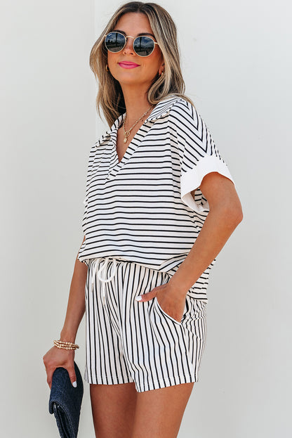 Black Stripe V-Neck Tee & Shorts Set
