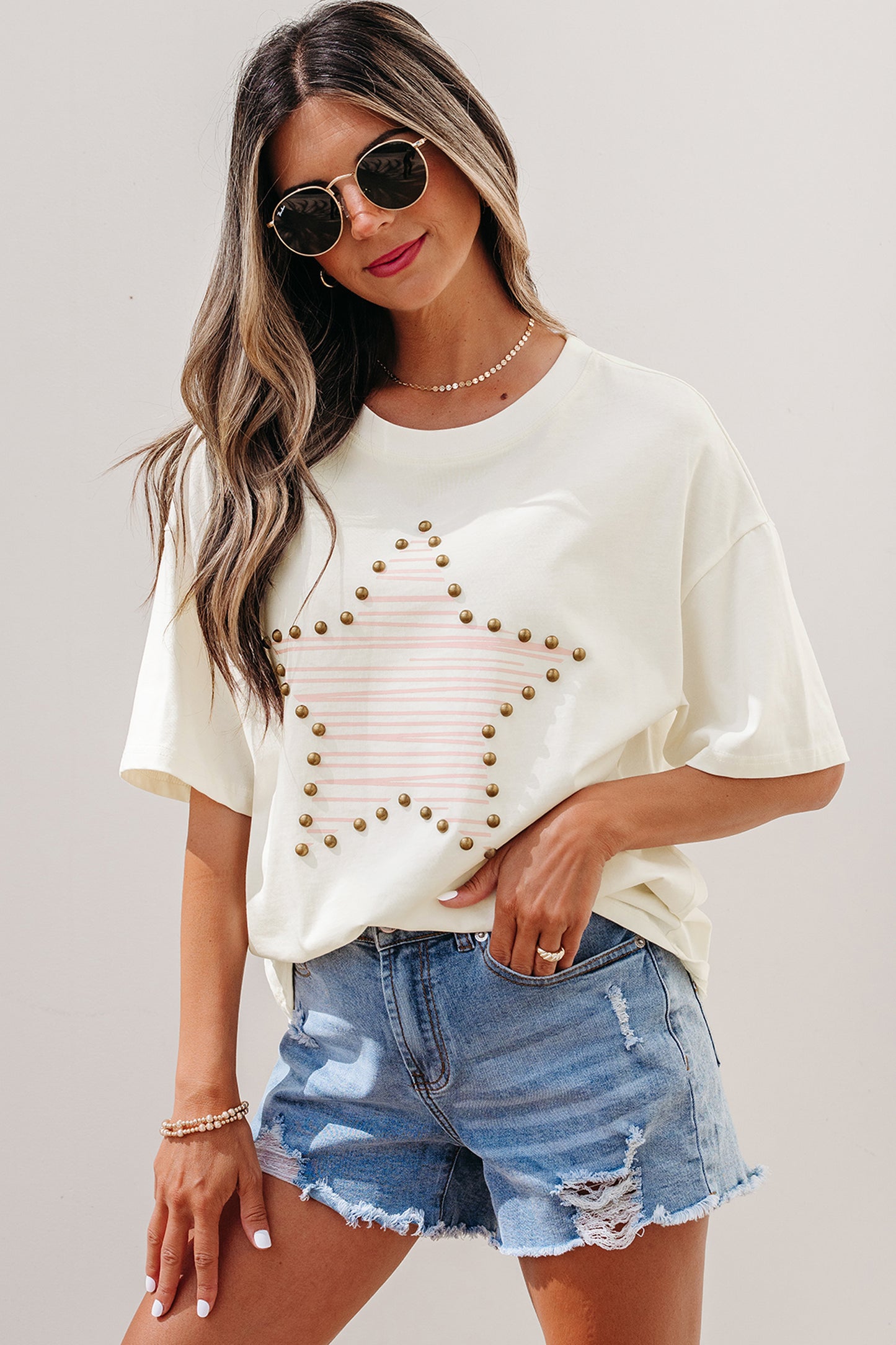Beige Star Print Stud Detail Cotton Jersey Top