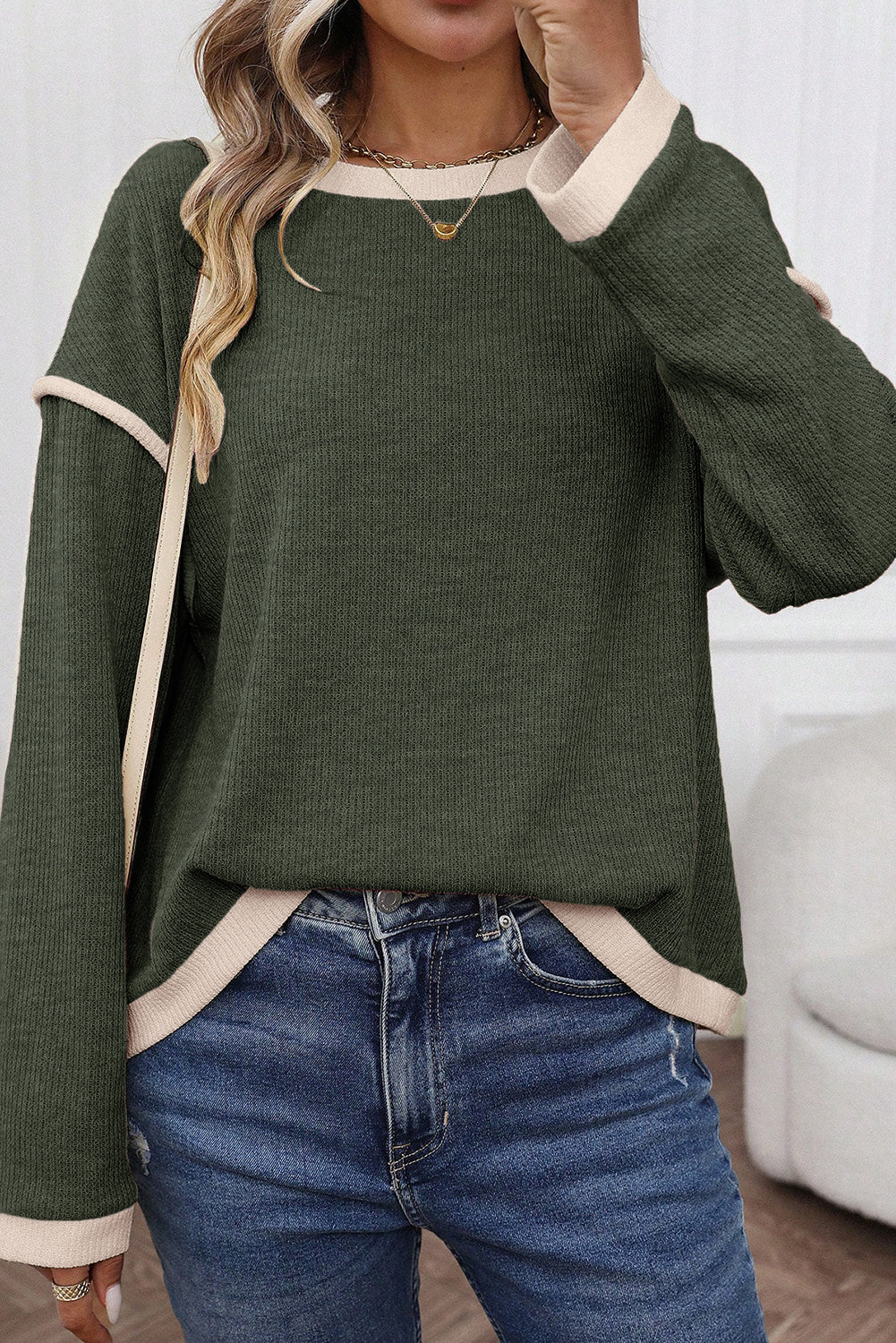 Four Leaf Clover Contrast-Trim Knit Top