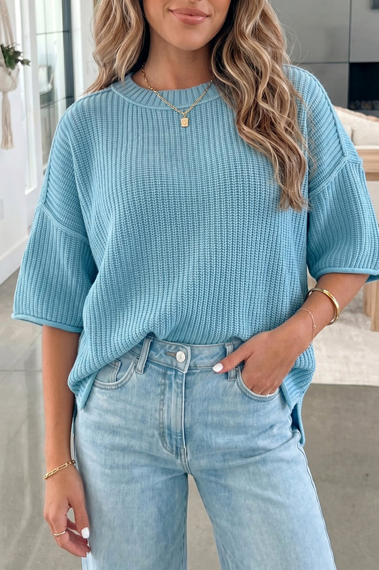 Mist Blue Exposed Seam Detail Half Sleeve Loose Sweater