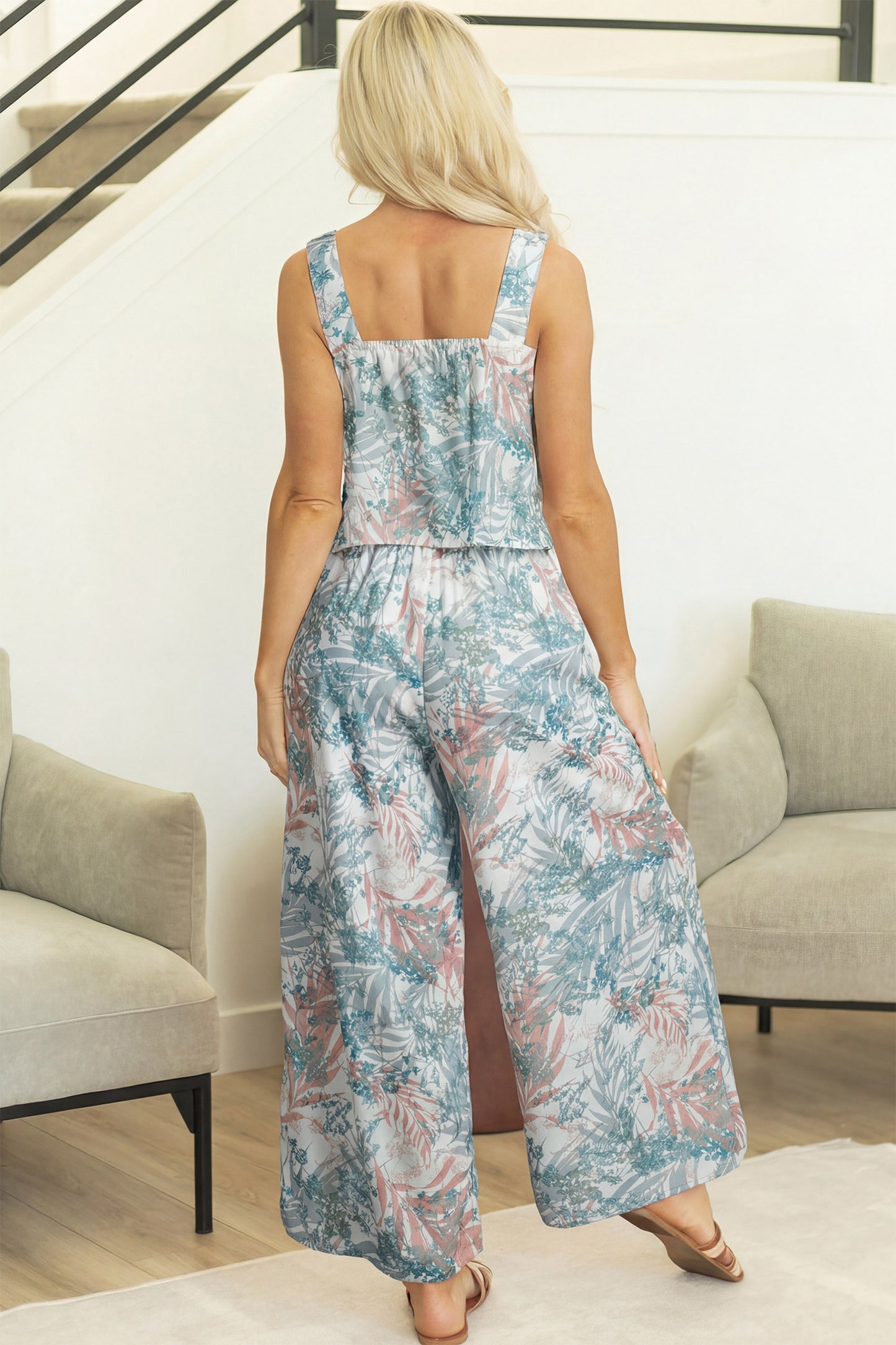 Green Tropical Crop Tank & Wide-Leg Pants Set