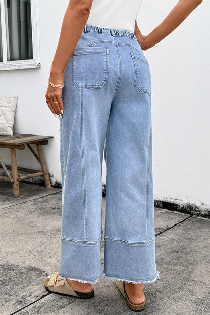 Prussian Blue Drawstring Seam Detail Raw Hem Wide-Leg Denim Pants