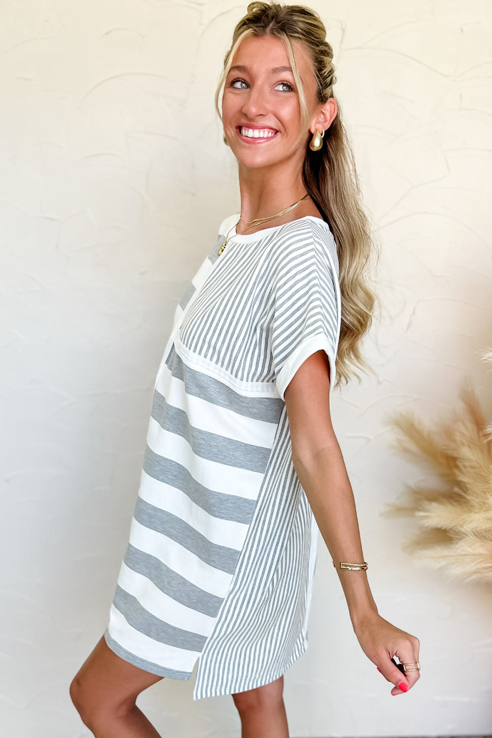 Gray Mixed-Stripe T-Shirt Shift Dress