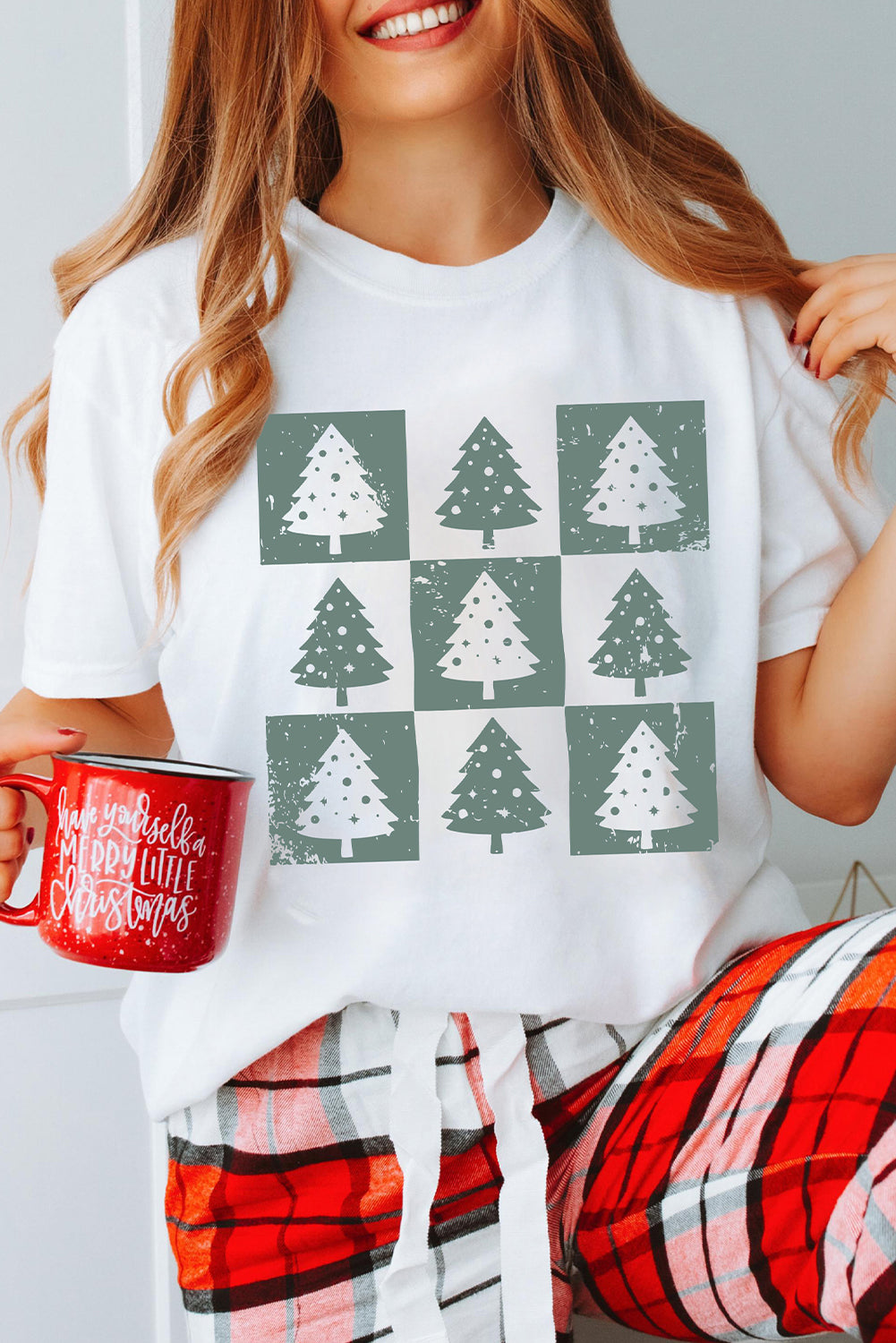 White Christmas Tree Checkerboard Graphic Tee