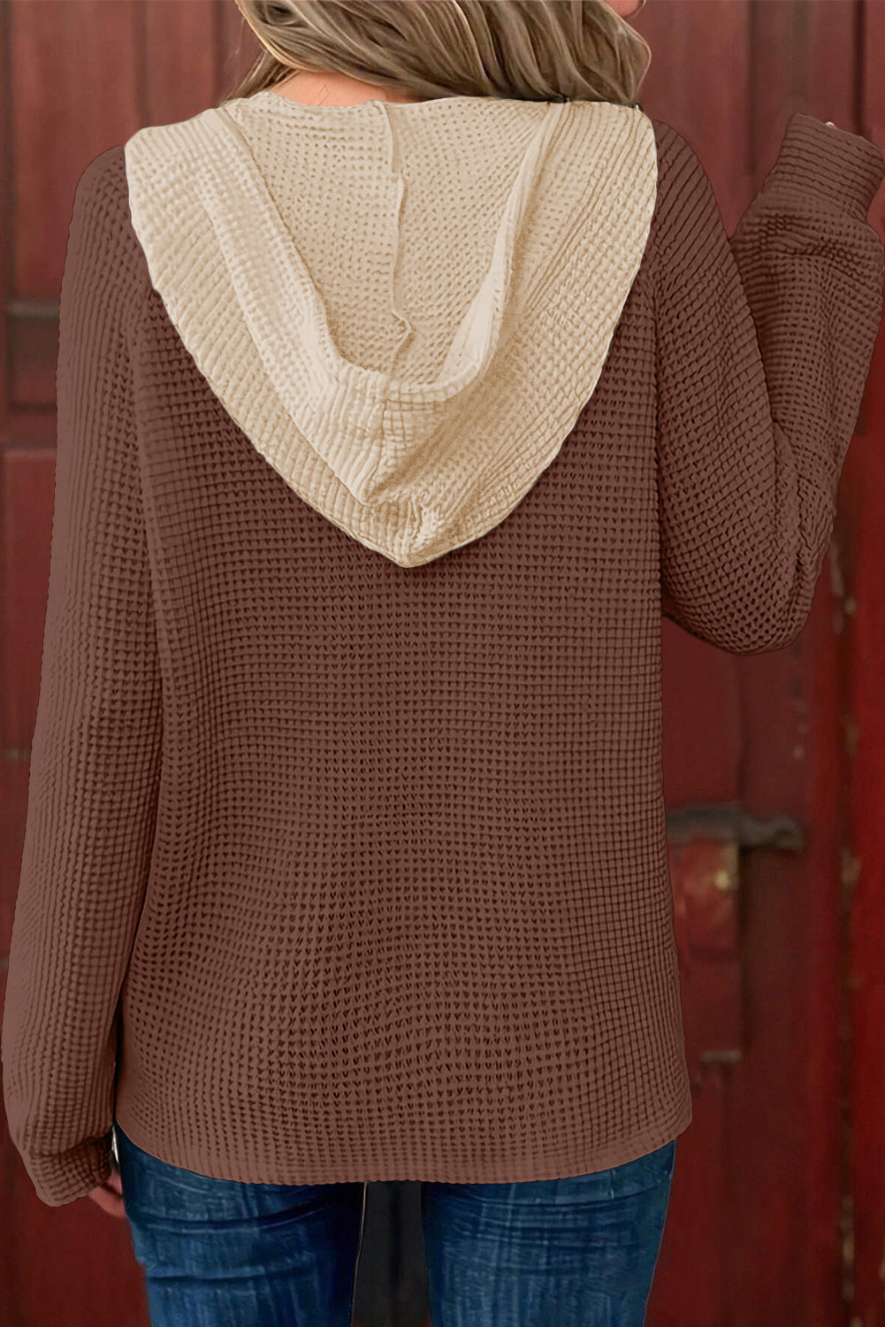 White Waffle-Knit Contrast Hooded Top