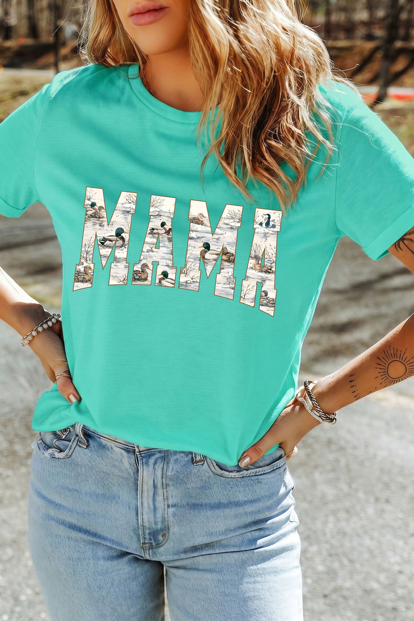 Mint Green Mallard Duck Print MAMA Lettering Graphic T-Shirt