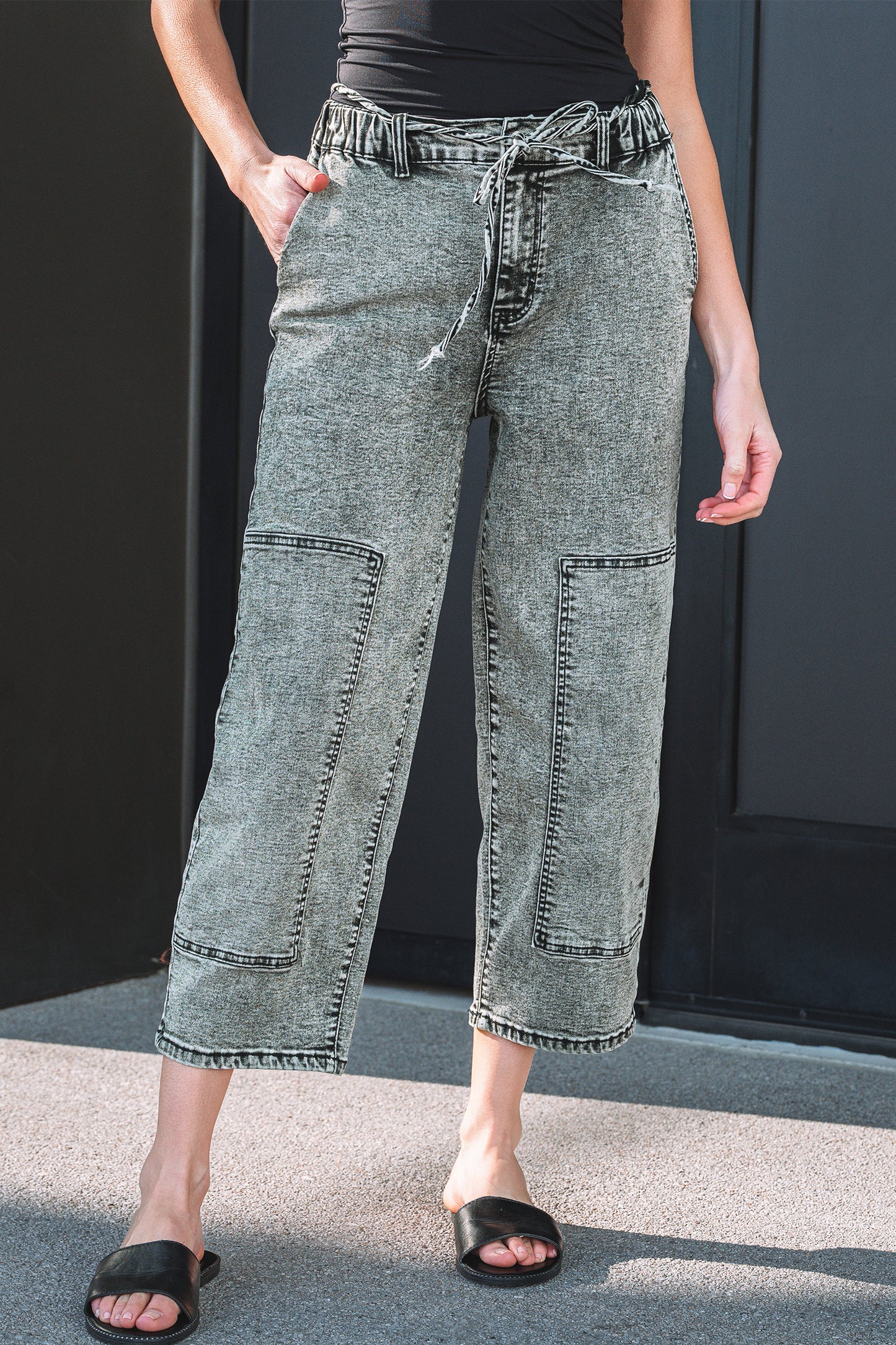 Gray Acid-Wash Tie-Waist Jeans