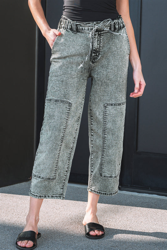 Gray Acid-Wash Tie-Waist Jeans
