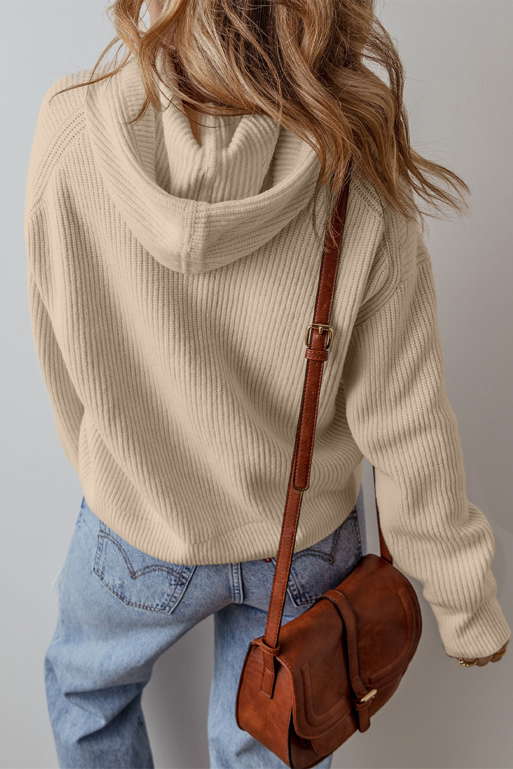 Beige Drawstring-Hood Knit Pullover Sweater