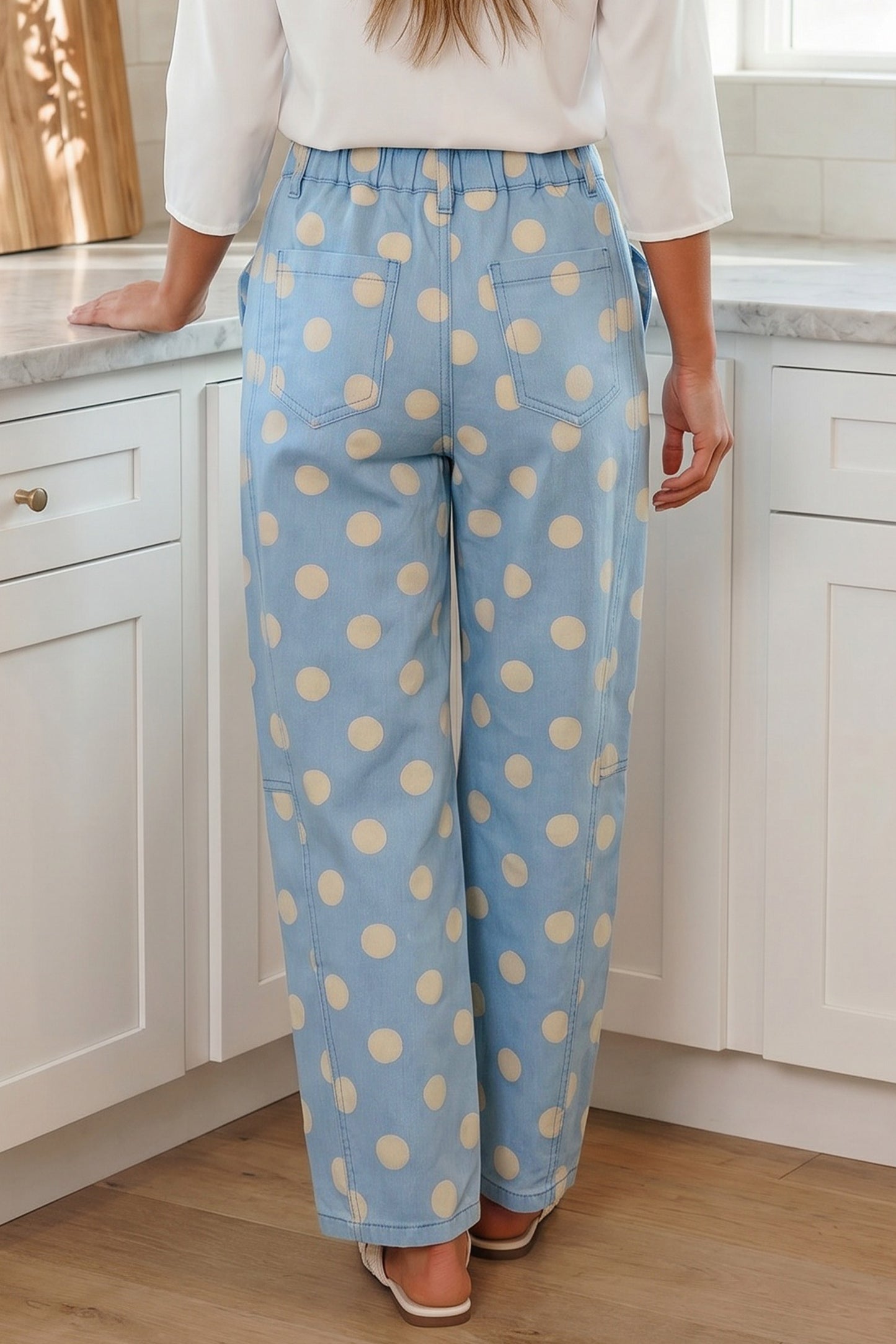 White Polka Dot Print Bow Detail Pocketed Barrel Jeans