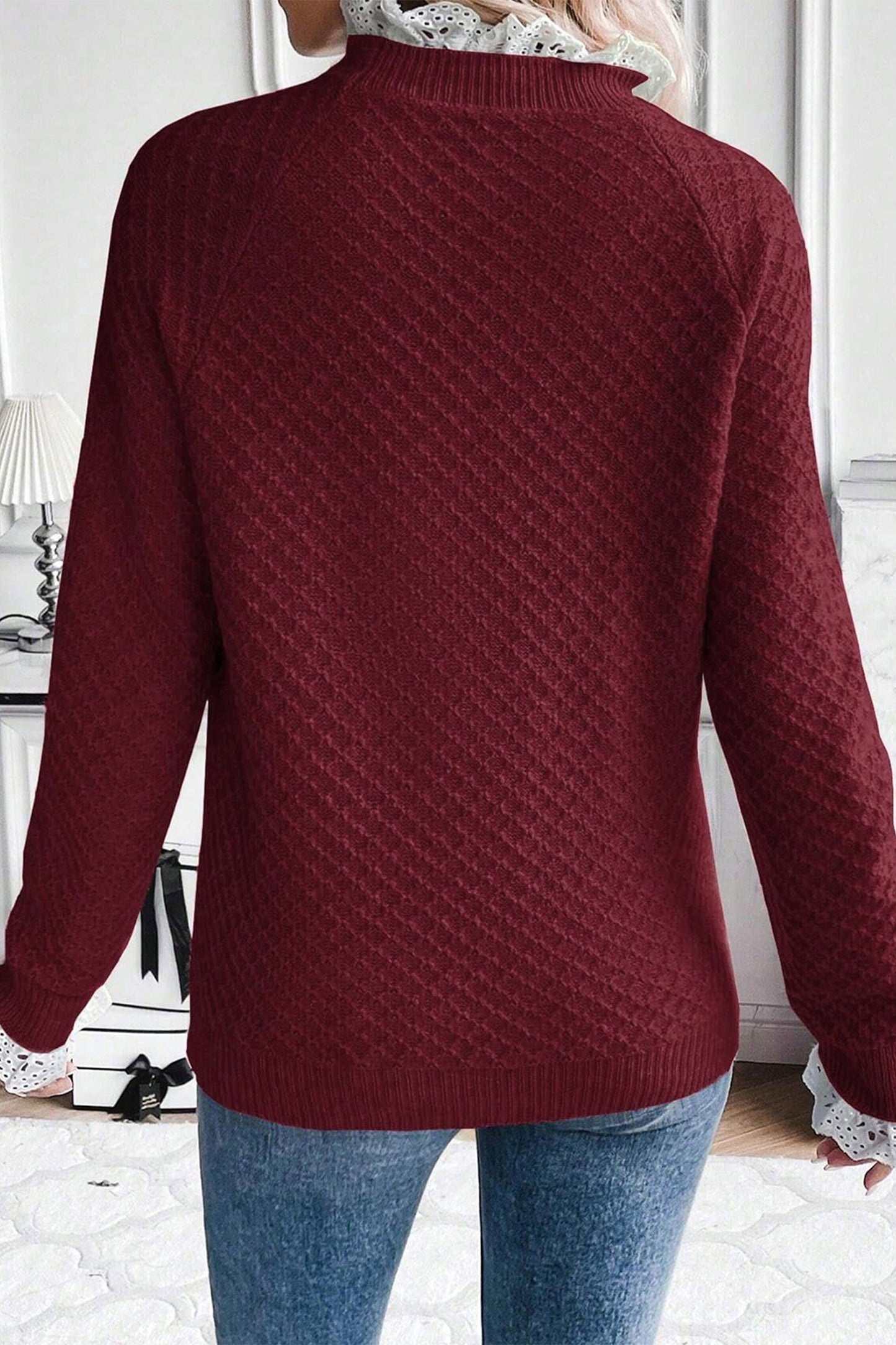 Burgundy Lace-Trim Raglan Sweater