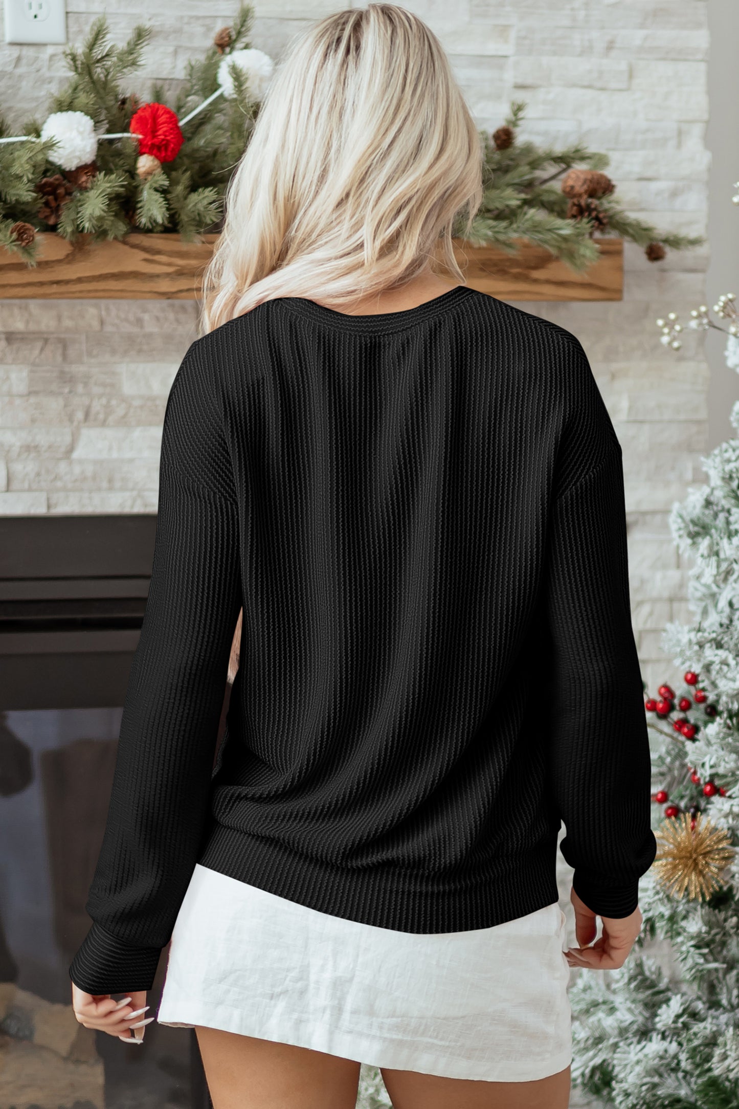 Blackish Green Twisted Rib Outlined Merry Letter Graphic Loose Long-Sleeve Top
