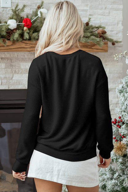 Blackish Green Twisted Rib Outlined Merry Letter Graphic Loose Long-Sleeve Top