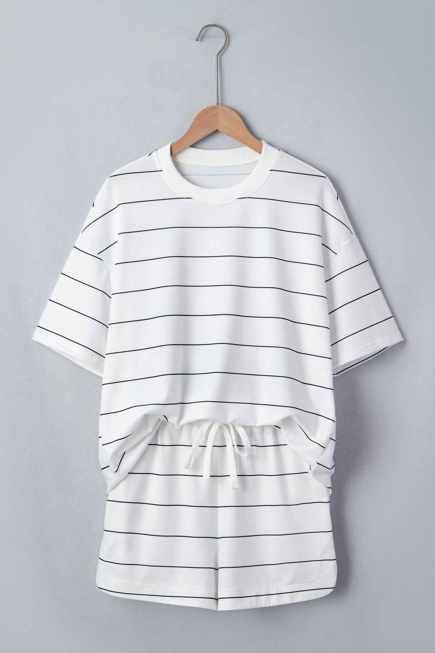 White Stripe Half-Sleeve Tee Drawstring Shorts Two-Piece Set