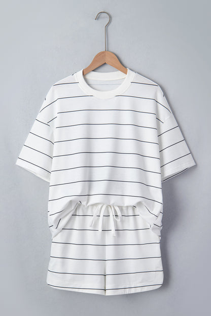 White Stripe Half-Sleeve Tee Drawstring Shorts Two-Piece Set