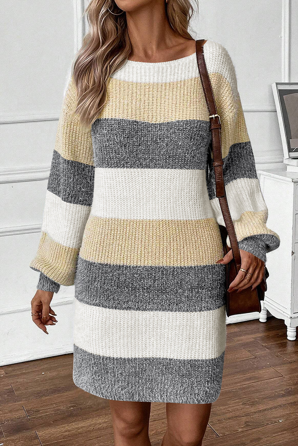 Gray Color-Block Stripe Sweater Dress