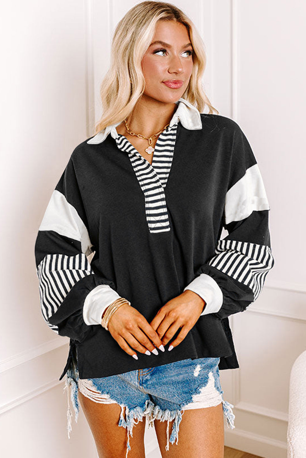 Pink Stripe Color-Block Patchwork Sweatshirt