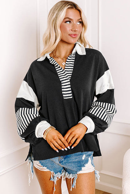 Pink Stripe Color-Block Patchwork Sweatshirt