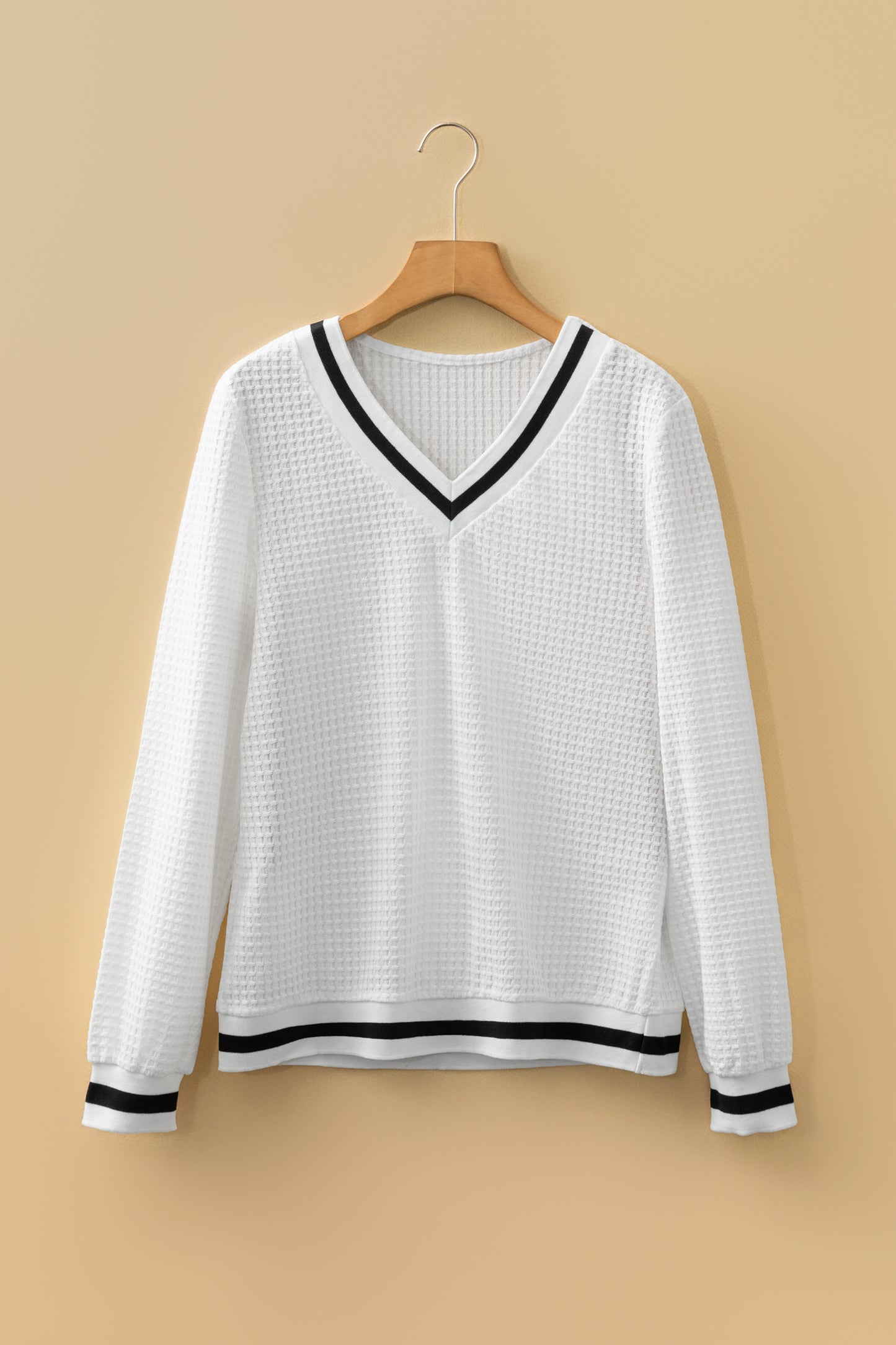 White Waffle-Knit Striped-Trim V-Neck Top