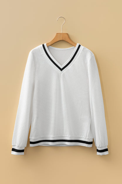 White Waffle-Knit Striped-Trim V-Neck Top