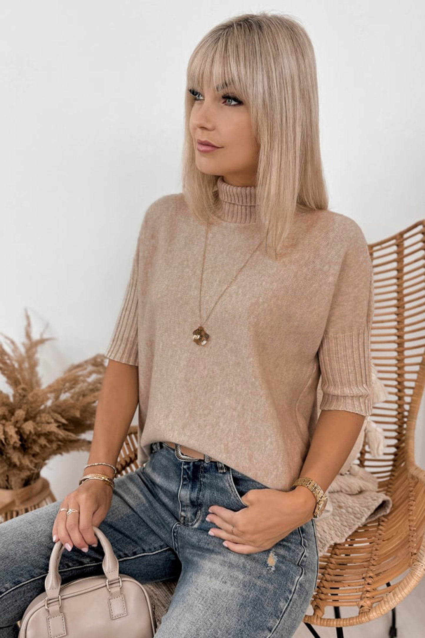 Beige Ribbed Trim High Neck Short-Sleeve Casual Sweater