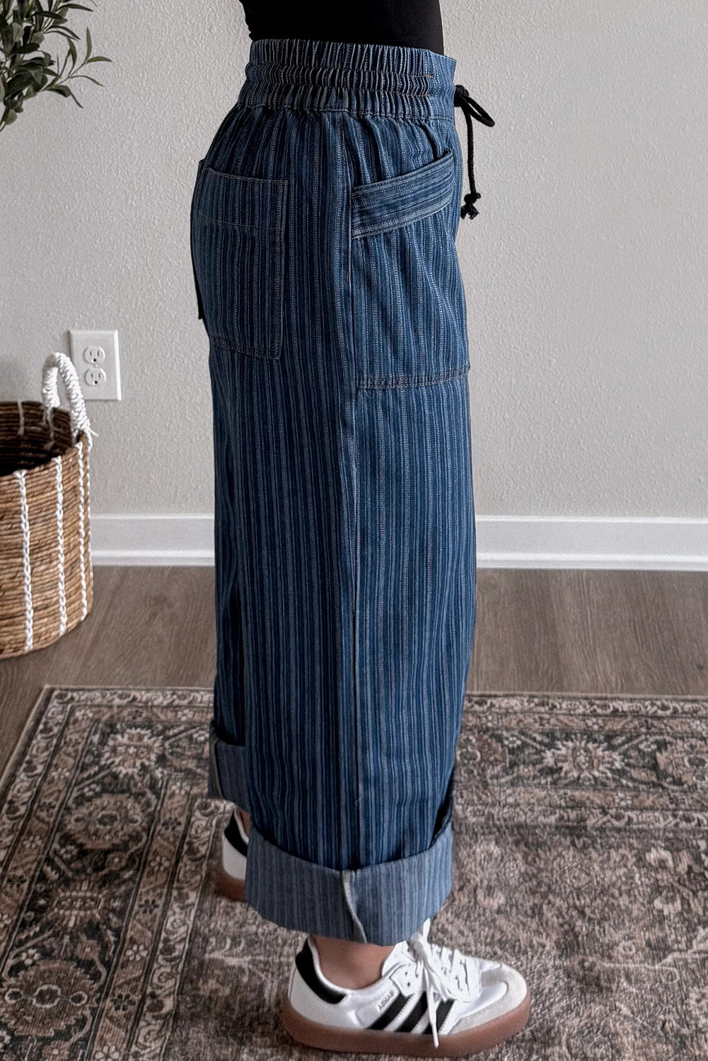 Blue Stripe Drawstring Wide-Leg Jeans