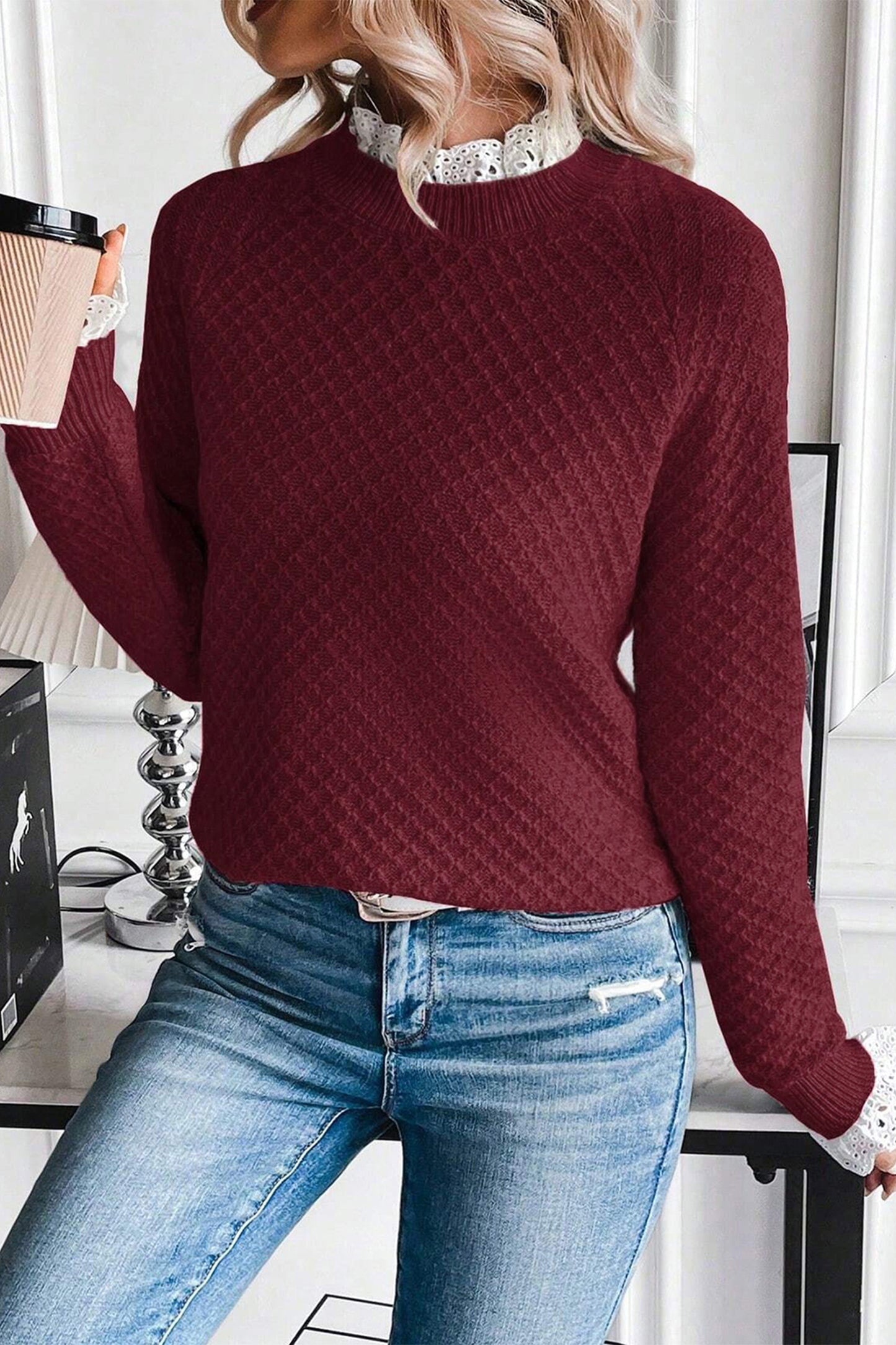 Burgundy Lace-Trim Raglan Sweater